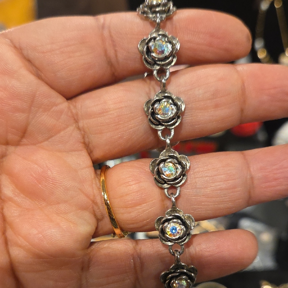 Chic Silver Rose Bracelet with Crystal Highlights
